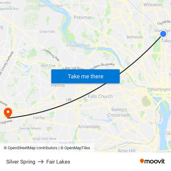 Silver Spring to Fair Lakes map