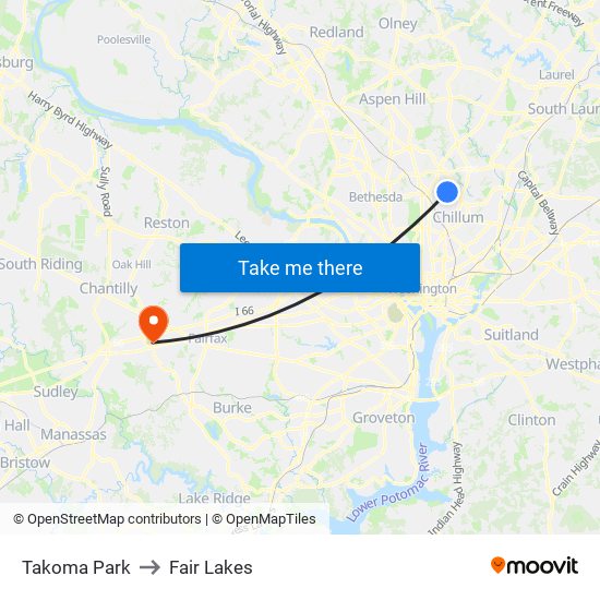 Takoma Park to Fair Lakes map