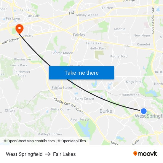 West Springfield to Fair Lakes map