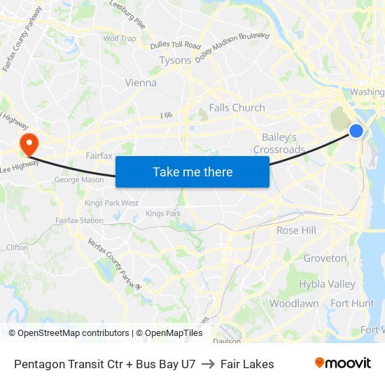 Pentagon Transit Ctr + Bus Bay U7 to Fair Lakes map