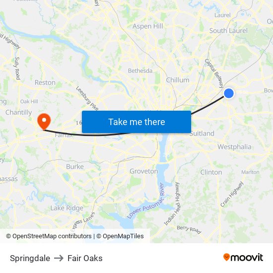 Springdale to Fair Oaks map