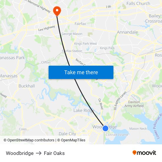 Woodbridge to Fair Oaks map