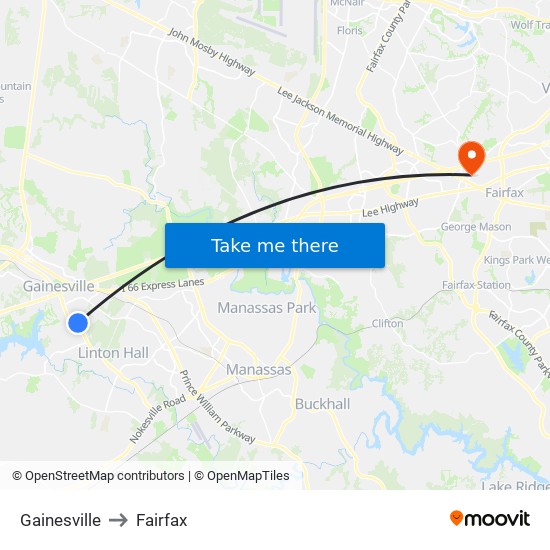 Gainesville to Fairfax map