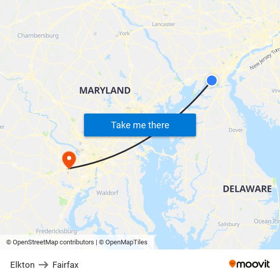 Elkton to Fairfax map