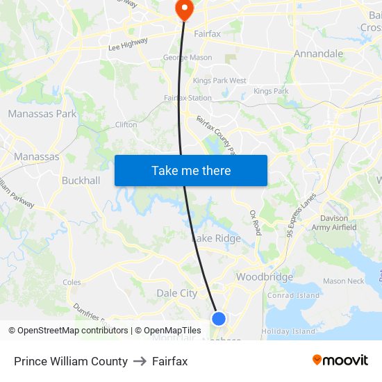 Prince William County to Fairfax map