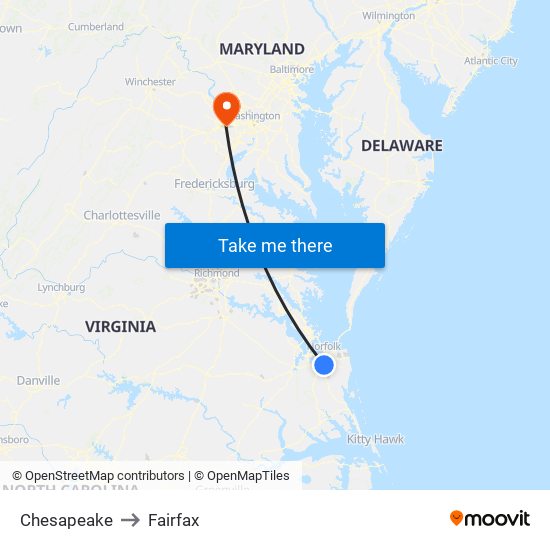 Chesapeake to Fairfax map