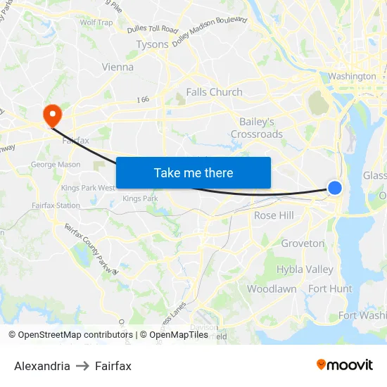 Alexandria to Fairfax map