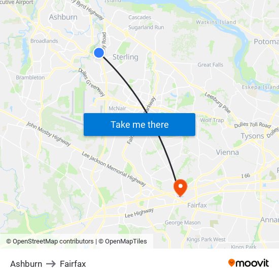 Ashburn to Fairfax map