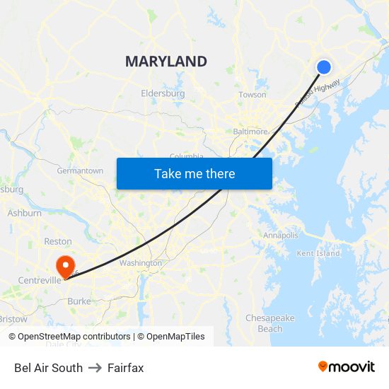 Bel Air South to Fairfax map