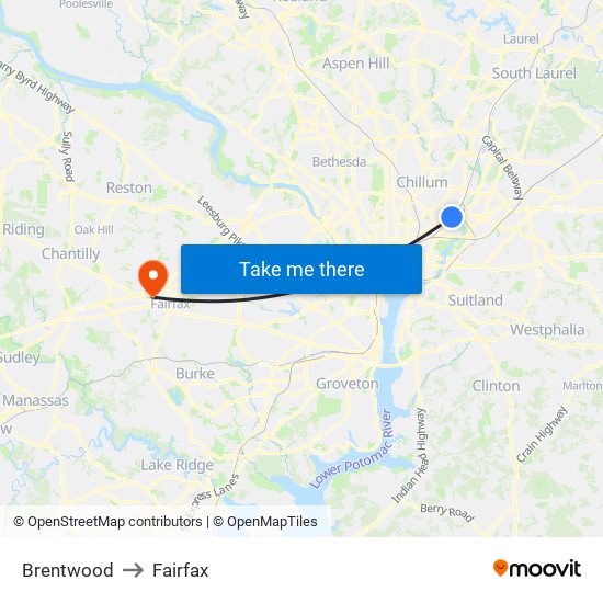 Brentwood to Fairfax map