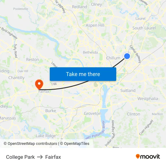College Park to Fairfax map