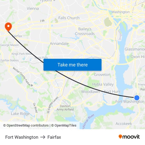 Fort Washington to Fairfax map