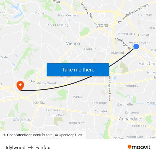 Idylwood to Fairfax map