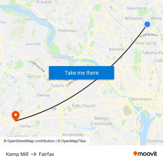 Kemp Mill to Fairfax map