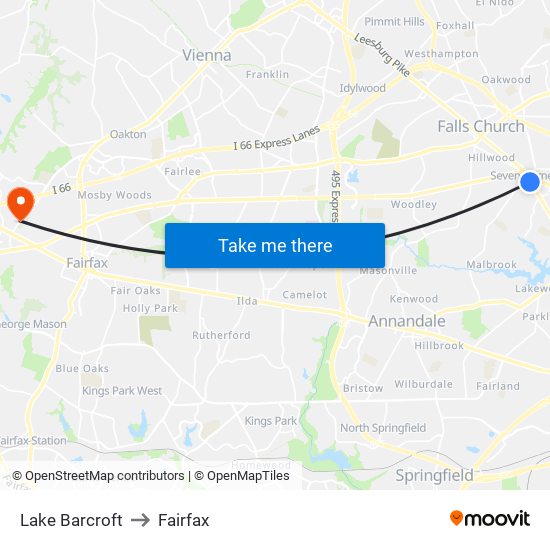 Lake Barcroft to Fairfax map