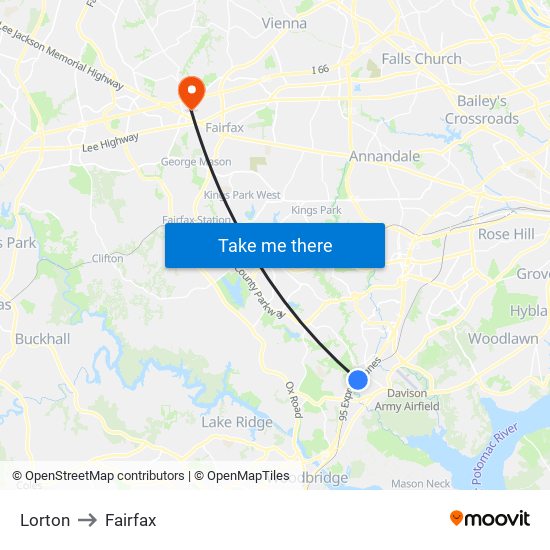 Lorton to Fairfax map