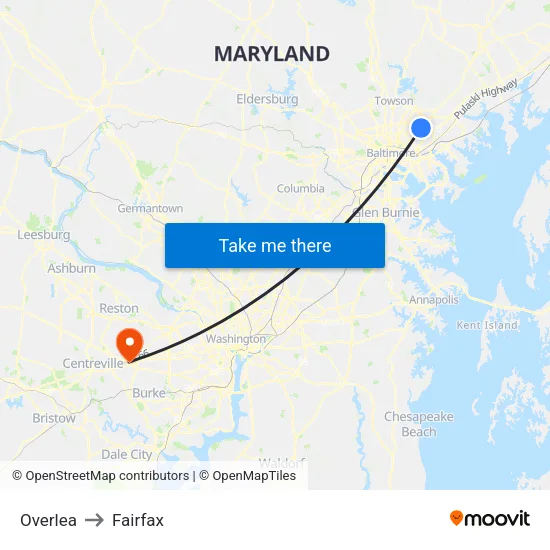 Overlea to Fairfax map