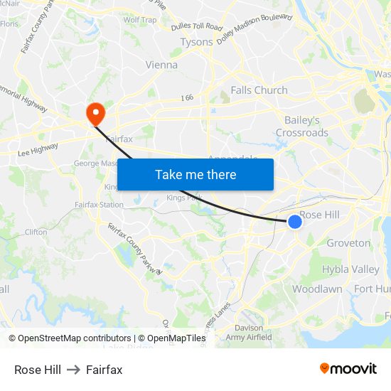 Rose Hill to Fairfax map