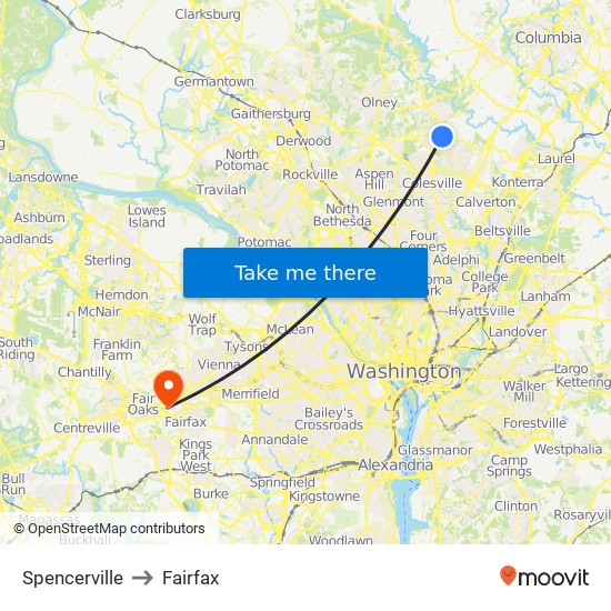 Spencerville to Fairfax map