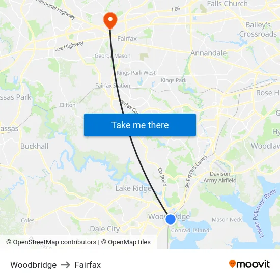 Woodbridge to Fairfax map