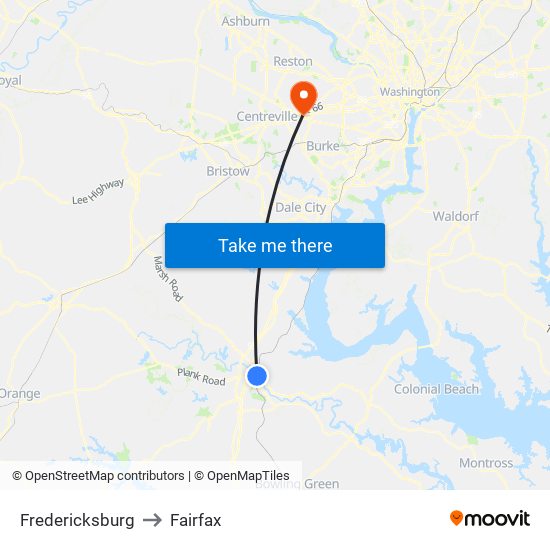 Fredericksburg to Fairfax map