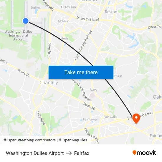 Washington Dulles Airport to Fairfax map