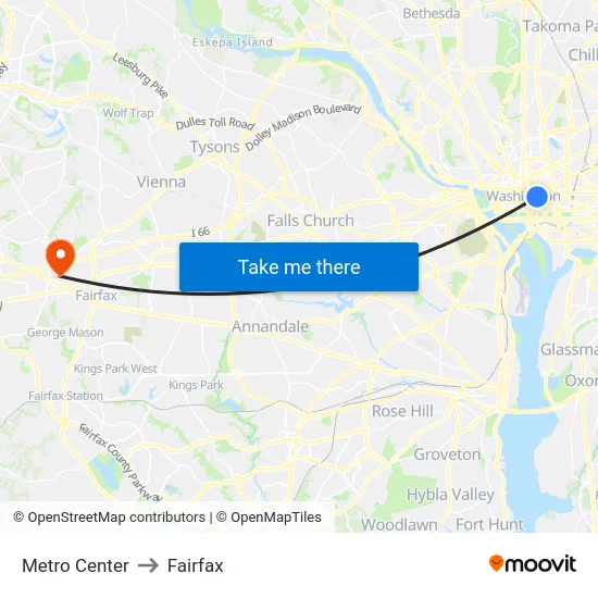 Metro Center to Fairfax map