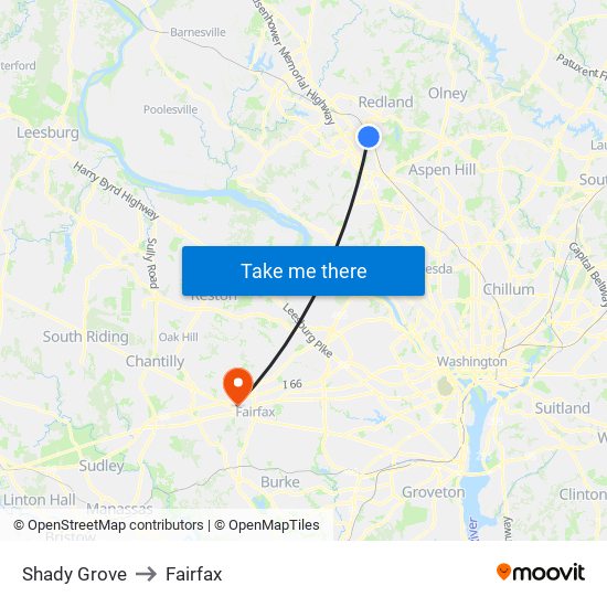 Shady Grove to Fairfax map