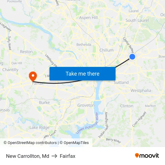 New Carrollton, Md to Fairfax map