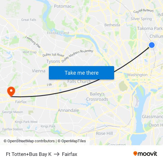 Fort Totten+Bay K to Fairfax map