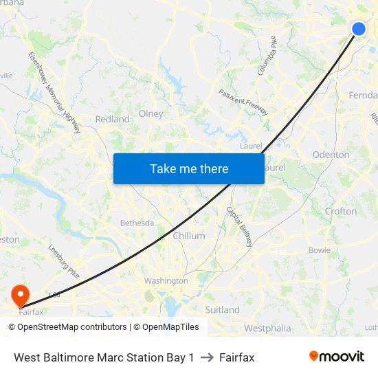 West Baltimore Marc Station Bay 1 to Fairfax map