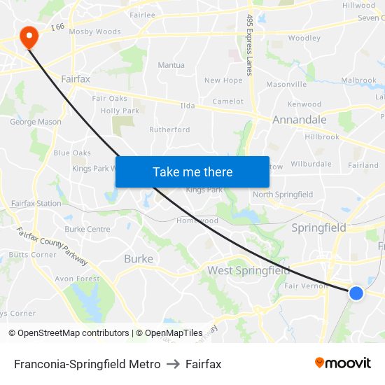 Franconia-Springfield Metro to Fairfax map