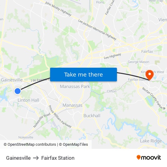 Gainesville to Fairfax Station map