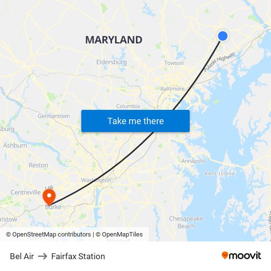 Bel Air to Fairfax Station map