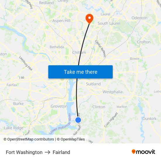 Fort Washington to Fairland map