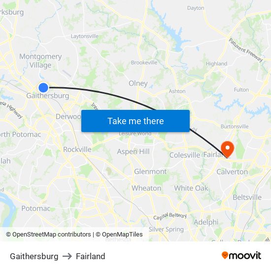 Gaithersburg to Fairland map