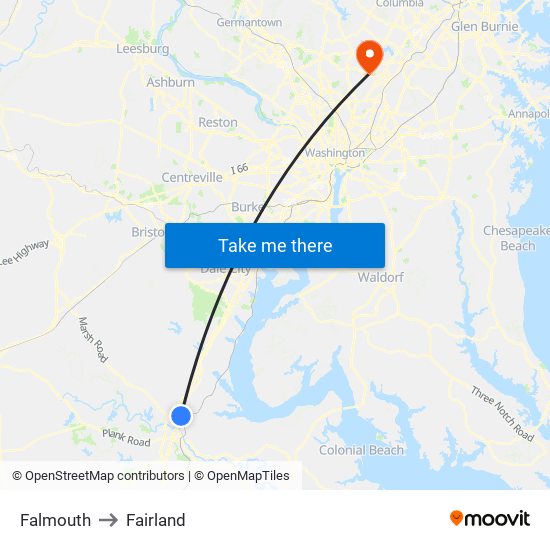 Falmouth to Fairland map