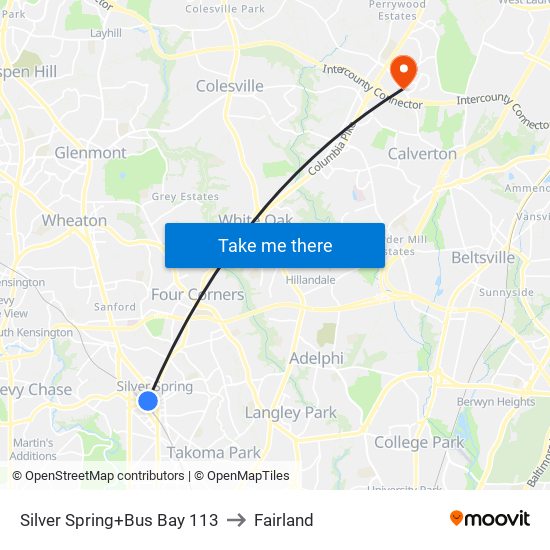 Silver Spring+Bus Bay 113 to Fairland map