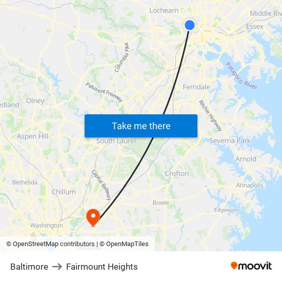 Baltimore to Fairmount Heights map