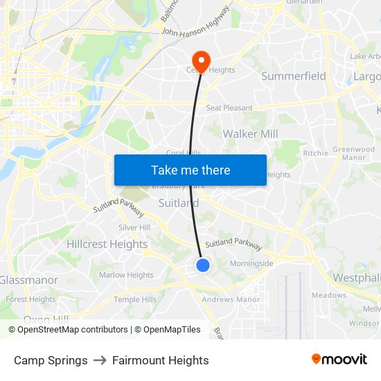 Camp Springs to Fairmount Heights map