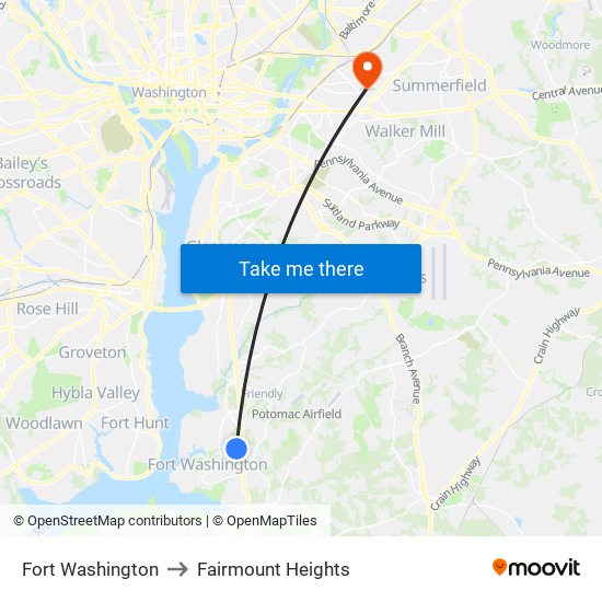 Fort Washington to Fairmount Heights map