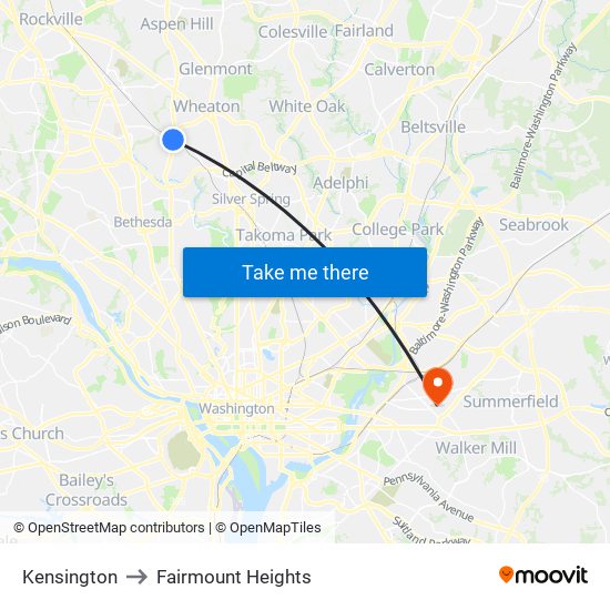 Kensington to Fairmount Heights map