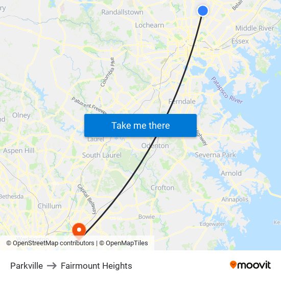 Parkville to Fairmount Heights map