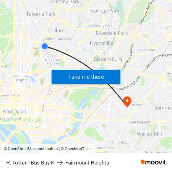 Fort Totten+Bay K to Fairmount Heights map