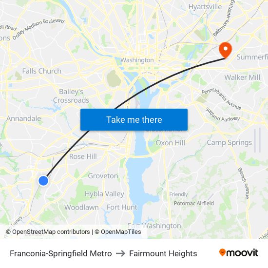 Franconia-Springfield Metro to Fairmount Heights map