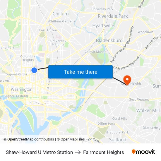 Shaw-Howard U Metro Station to Fairmount Heights map