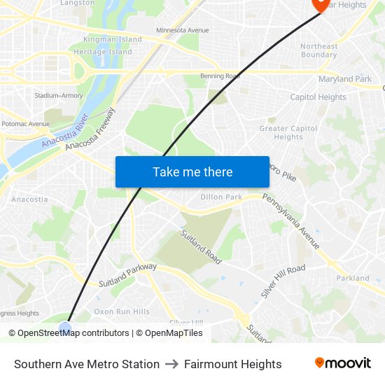 Southern Ave Metro Station to Fairmount Heights map