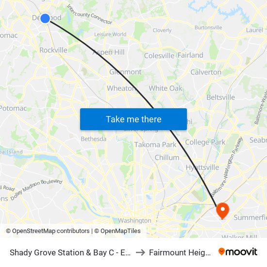 Shady Grove Station & Bay C - East to Fairmount Heights map