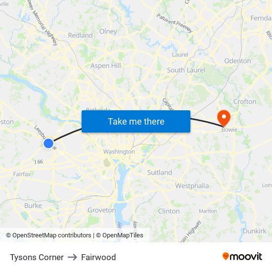 Tysons Corner to Fairwood map