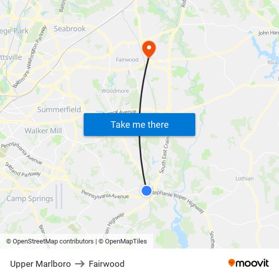 Upper Marlboro to Fairwood map